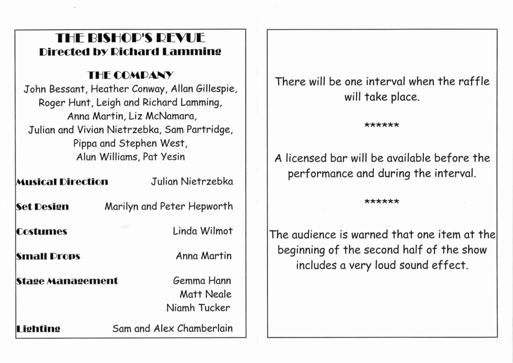 Leaflet for 'The Bishop's Revue' presented by the Bishopsteignton Players inside