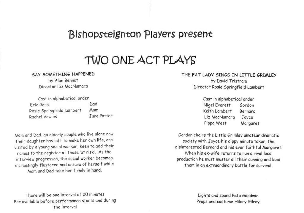 Leaflet for Two One Act Plays 'Say Something Happened' and 'The Fat Lady Sings' presented by the Bishopsteignton Players inside