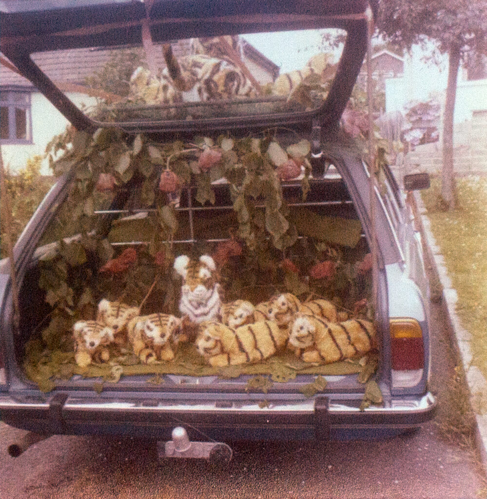 Car belonging to Malcolm Rawlings dressed with Esso tigers for the Save Our School campaign